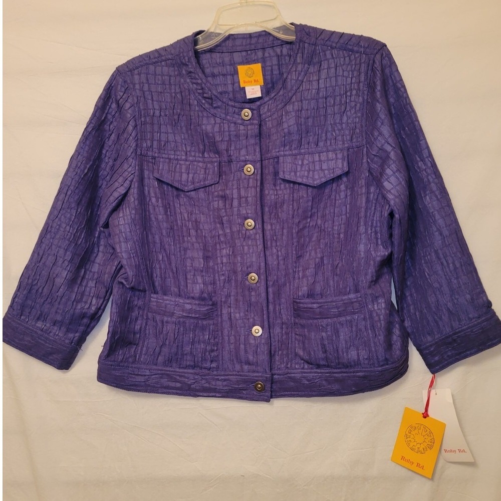 Ruby Rd Cobalt Blue Crinkle Texture Button‎ Front Jacket 3/4 Sleeve Size 12 NWT